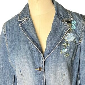 Crazy Horse Liz Claiborne Denim Jacket‎ Embroidered Blue Floral Womens M Stretch